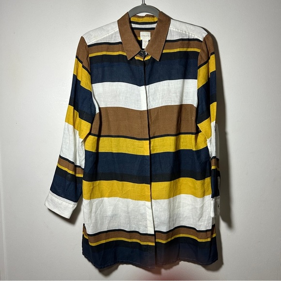 Chico’s Linen Hidden Button Multicolor Stripe Long Sleeve Tunic Size 2 Large - Picture 1 of 10